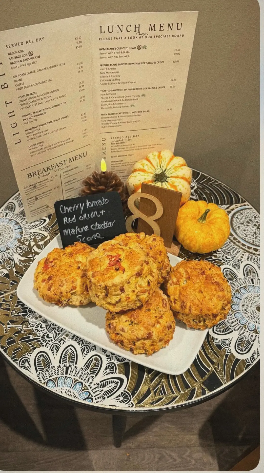 Cheese and cherry and almond scones with pumpkins and the lunch menu
